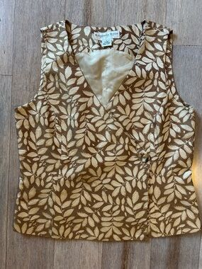 Vintage Silk Women’s Gold Tan Leaf Print V-Neck Vest size 8